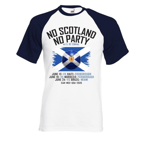 Scotland 2026 Tartan Army Baseball T-Shirt, We'll Be Coming Block Lettering Shirt, No Scotland No Party Raglan Top, World Cup Supporter Short Sleeve Tee