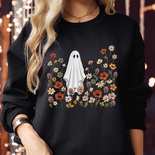 Ghost in Wildflower Meadow Halloween Sweatshirt | Botanical Cottagecore Jumper