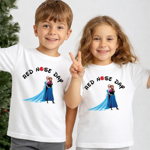 Disney Frozen Anna & Elsa Red Nose Day T-Shirt, Comic Relief T Shirt & Tops, Frozen Charity Clothing, Kids & Childrens Red Nose Day Sisters Tee