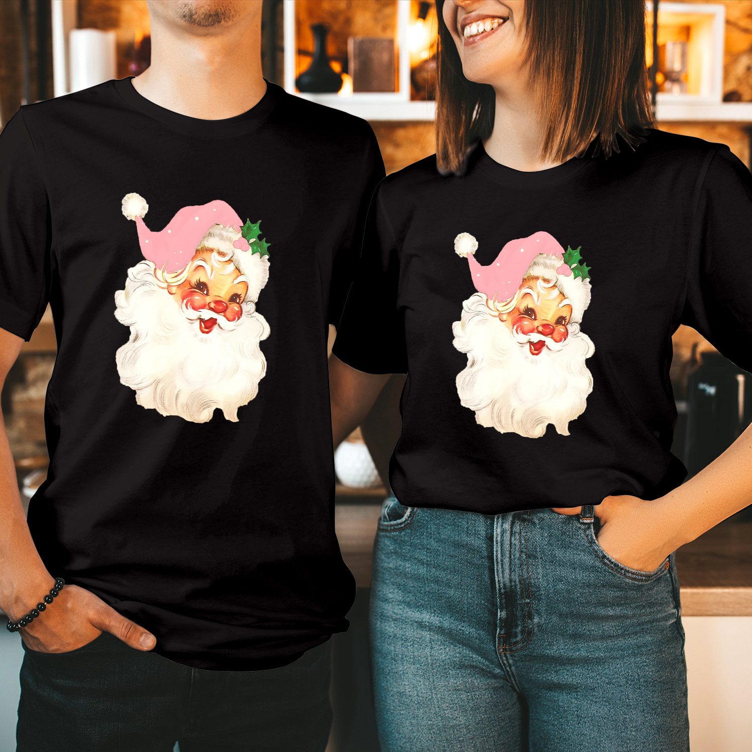 Retro Pink Santa Claus Merry Christmas T-shirt