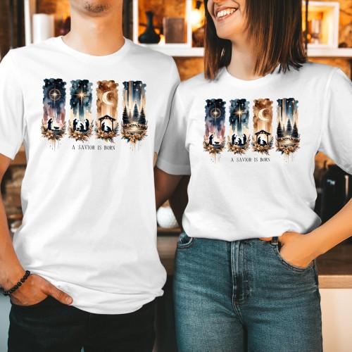 Christian Nativity Scene Christmas T Shirt, Elegant A Savior Is Born Graphic Tee, Watercolor Religious Holiday Matching Couples Church Tops Gift