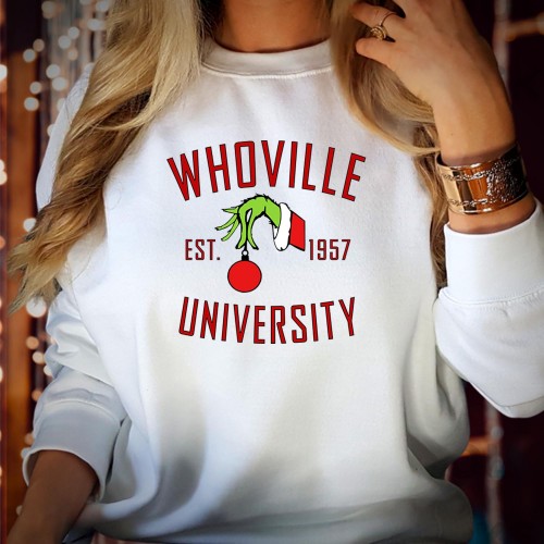 Whoville University Christmas Grinch Sweatshirt, Green Holiday Graphic Crewneck, Retro Winter Novelty Jumper College Style Gift Men Women Kids