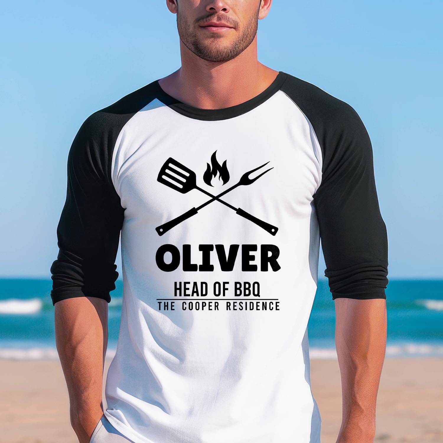 Personalised Baseball Long Sleeve Shirt Custom Name Head of BBQ Father's Day Funny Fathers Day Chef Grandpa Dad Birthday TShirt