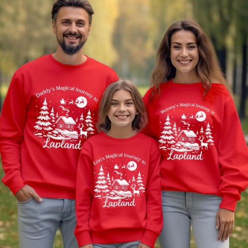 Personalised Lapland 2026 Family Matching Christmas Sweatshirt, Custom Log Cabin Santa Sleigh Holiday Jumper, Festive Xmas Winter Scene Pullover