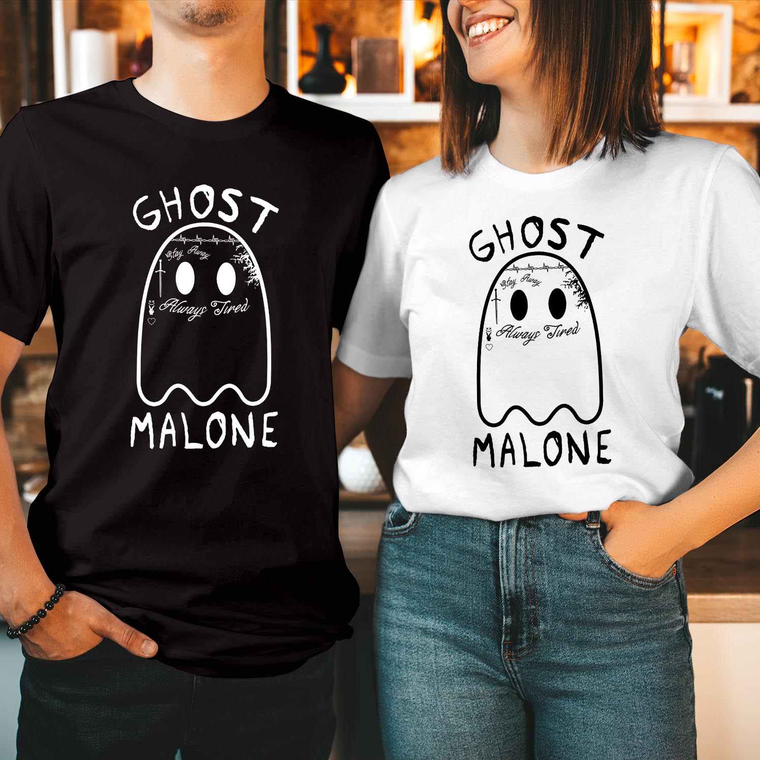 Halloween Ghost Malone Shirt - Post Malone Inspired Halloween Party Top for Women - Spooky Season Boo Ghost Witch Thanksgiving Ladies Tee