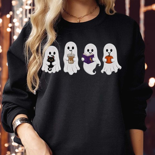 Little Ghosts Cat Coffee Book Sweatshirt | Spooky Pumpkin Halloween Jumper