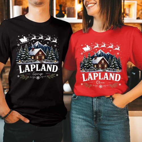 Personalised Lapland 2026 Family Matching Christmas T-Shirt, Custom Log Cabin Snowy Mountain Flying Santa Sleigh Holiday Trip Family Tops