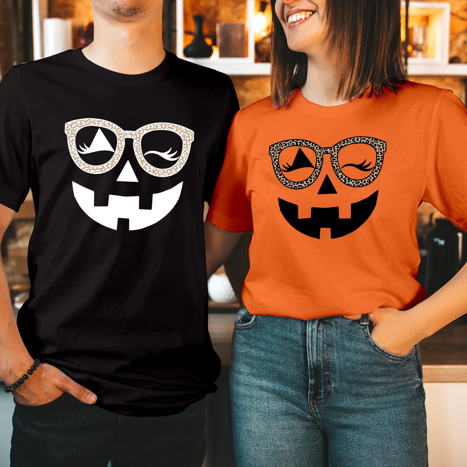 Jack O Lantern Face Pumpkin Halloween T-Shirt Stylish Leopard Print Glasses, Trendy Halloween Tee for a Fun & Festive Look Funny Vibes Men Women Unisex T Shirt