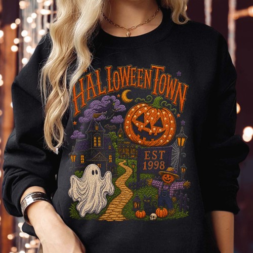 Halloweentown Sweatshirt Jumper, Est 1998 Pumpkin Signpost Ghost Print, Retro Spooky Village Cobblestone Path Autumn Halloween Unisex Top