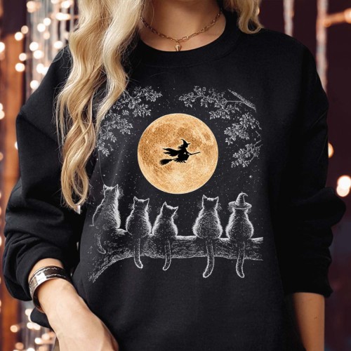 Black Cats & Flying Witch Full Moon Sweatshirt | Spooky Halloween Jumper