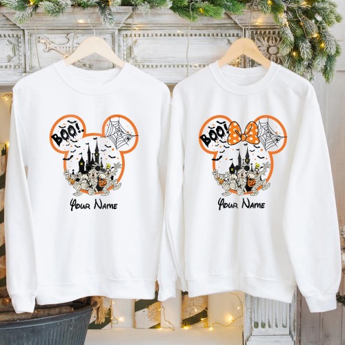 Personalised Disney Mickey Minnie Trick or Treat Sweatshirt, Custom Halloween Family Matching Jumper, Spooky Castle Mummy Pullover Crewneck