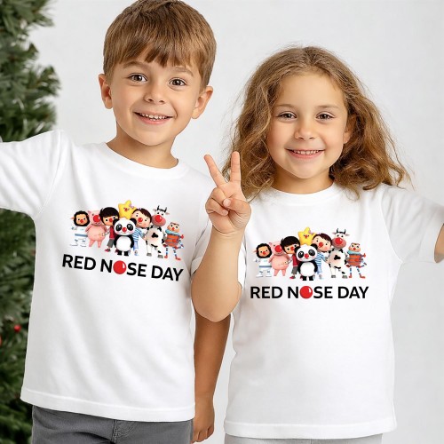 Kids Red Nose Day T-Shirt, Pudsey Bear Blush Panda Lion Cow Pig White Tee, Official Comic Relief T Shirt & Tops, Childrens Charity Clothing