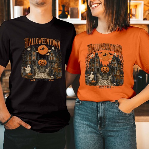 Halloweentown Est 1998 T-Shirt, Gothic Mansions Pumpkin Monument Shirt, Flying Witch Full Moon Autumn Halloween Tee, Retro Spooky Village Top