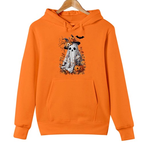 Halloween Ghost House Pumpkin Bat Patches Hoodie, Retro Spooky Floral Jumper, Vintage Cottagecore Pullover, Cozy Season Fall Hooded Sweater Top