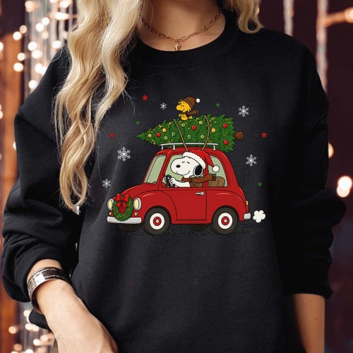 Snoopy Christmas Jumper, Woodstock Red Car Xmas Sweatshirt, Cute Peanuts Holiday Gift Tree Sweater, Retro Driving Family Gifts
