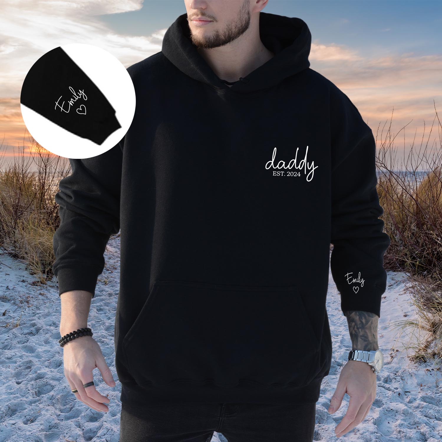 Personalised Daddy Est Baby Child Custom Name on Sleeve Father's Day Hoodie Kids Names Daddy Papa Super Dad Birthday Funny Fathers Day Hooded Jackets