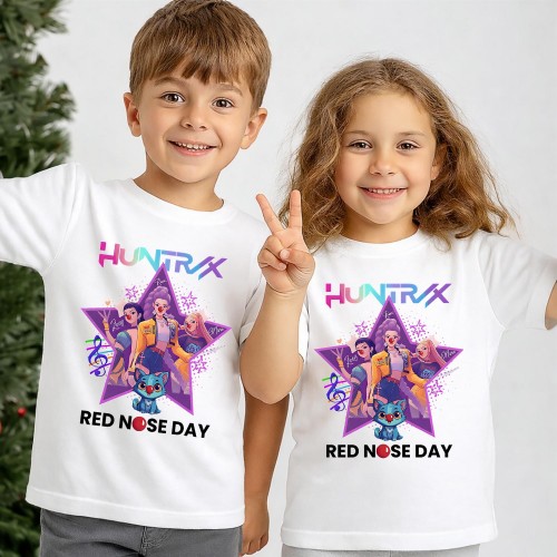 Official Huntrix Red Nose Day T-Shirt, Star Group K-Pop Demon Hunters Charity Clothing, Rumi, Mira & Zoey Comic Shirt, Kids & Children's Red Nose Day Tops