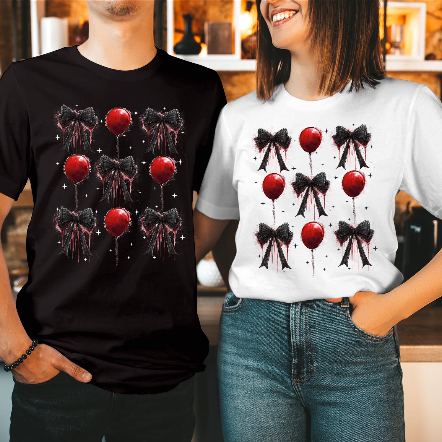 Spooky Horror Balloons and Black Bows Halloween T-Shirt Costume Parties, Haunted Houses, Trick or Treating Scary Men, Women, Teens Halloween Gift Shirt