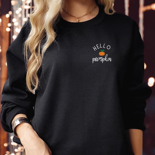 Hello Pumpkin Halloween Sweatshirt, Cute Retro Minimalist Fall Jumper, Vintage Autumn Left Chest Pullover, Cozy Season Aesthetic Crewneck Top