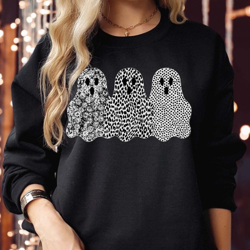 Patterned Ghost Trio Sweatshirt Jumper, Floral Leopard Polka Dot Ghost Halloween Graphic, Cute Boho Autumn Unisex Top