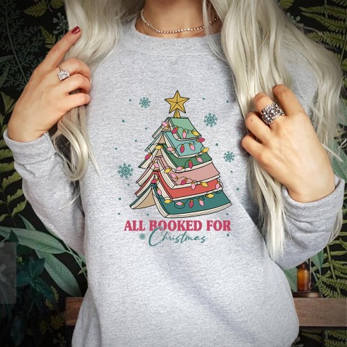 All Booked For Christmas Sweatshirt, Book Lovers Festive Season Jumper, Bookish Bookworm Tree Graphic Crewneck Xmas Pullover Novelty Holiday Gift