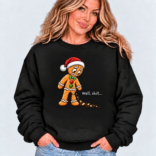 Funny Bitten Gingerbread Man Well Shit Sweatshirt | Sarcastic Christmas Gift Xmas Jumper
