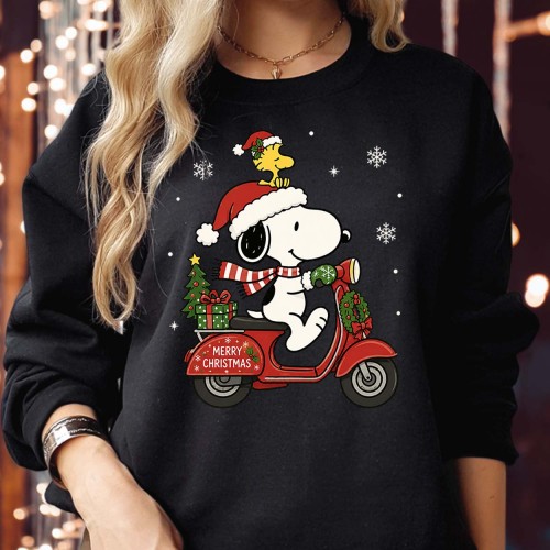 Snoopy Christmas Jumper, Woodstock Scooter Xmas Sweatshirt, Cute Peanuts Holiday Sweater, Merry Christmas Family Gift