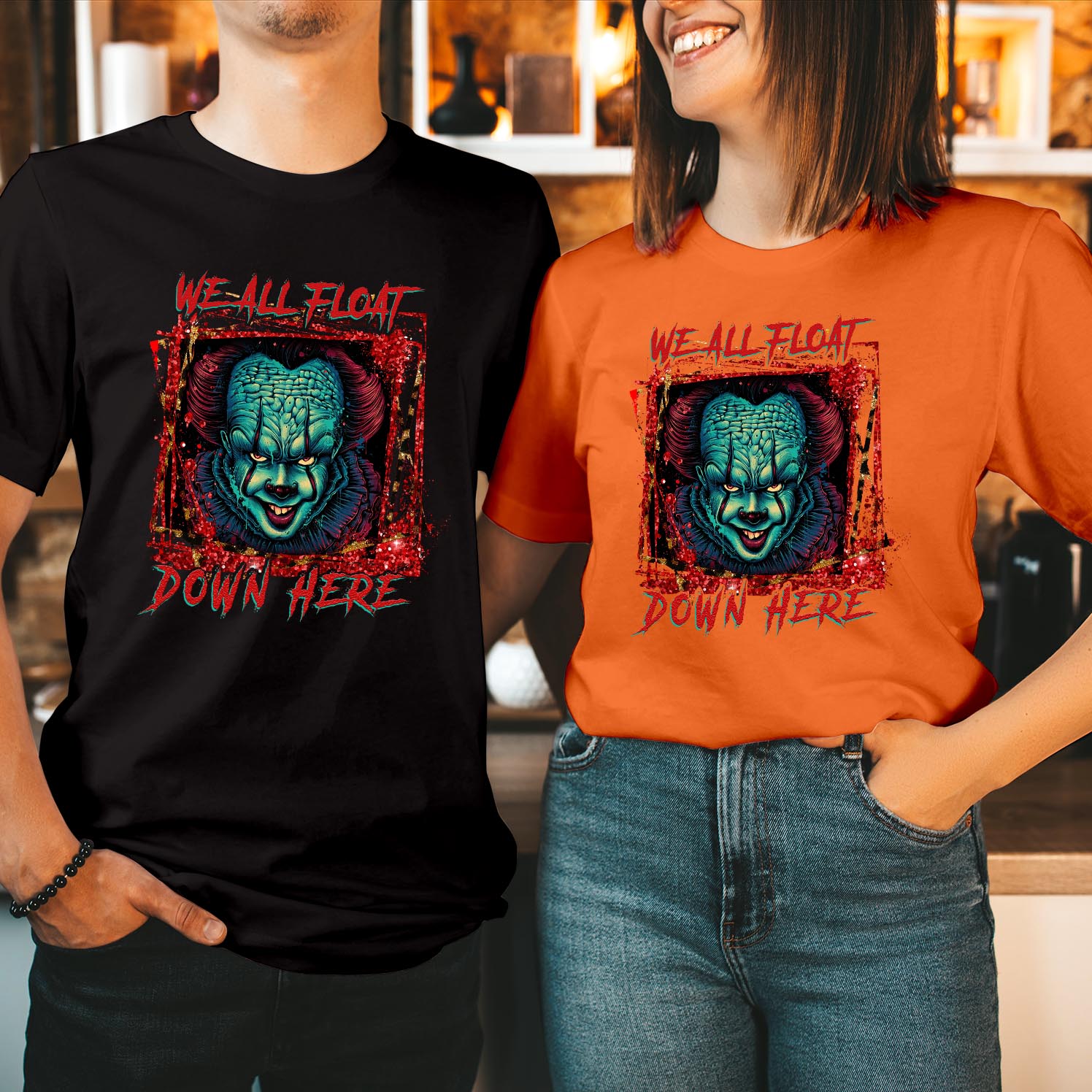 We All Float Here Halloween T-Shirt Pennywise Inspired Tee for Horror Fans, Perfect for Trick or Treating, Parties, and Classic Movie Lovers Unisex T Shirt