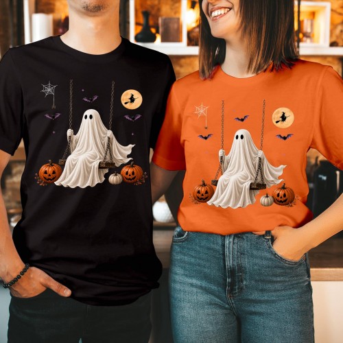 Ghost on Swing Halloween T-Shirt Pumpkin Full Moon Flying Bats Unisex Tee
