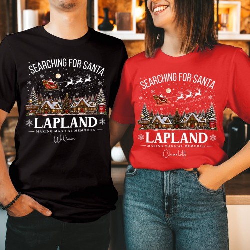 Personalised Lapland Family Christmas T-Shirt, Custom Santa Mail Red Postbox North Pole Village Sleigh Matching Holiday Trip Tops