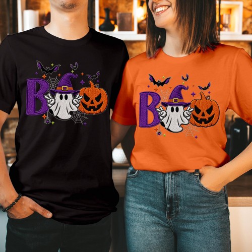 BOO Halloween T-Shirt Ghost Peace Sign Witch Hat Pumpkin Unisex Graphic Tee