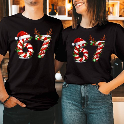 Six Seven Christmas T Shirt, Candy Cane Reindeer Holiday Graphic Tee, Viral Numeric Pun Matching Couples Xmas Festive Novelty Gift Top