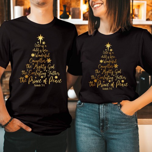 Christian Christmas Tree T Shirt, Names Of God Isaiah 9 6 Scripture Tee, Jesus Faith Bible Verse Matching Couples Xmas Holiday Family Gift Top