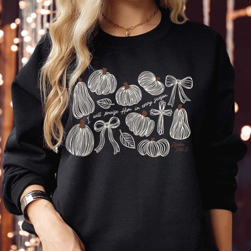 Praise Him in Every Season Sweatshirt Jumper, Psalm 146:2 Christian Autumn Pumpkin Cross Graphic Unisex Faith Top