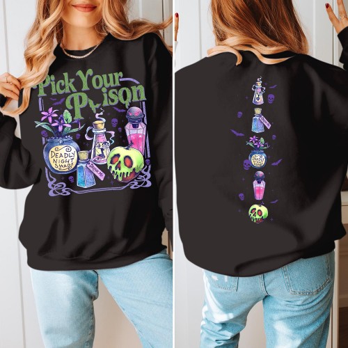 Pick Your Poison Sweatshirt, Front & Back Print Halloween Potion Bottles Jumper, Deadly Nightshade Apple Autumn Unisex Graphic Top