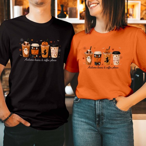 Pumpkin Spice Coffee T-Shirt, Autumn Leaves & Coffee Please Shirt, Halloween Iced Coffee Ghost Witch Graphic Tee, Cozy Autumn Barista Drink Top