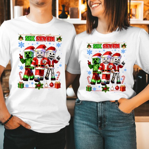 Funny Six Seven Christmas T Shirt, Pixel Block Gaming Meme Graphic Tee, Viral Sandbox Video Game Matching Couples Xmas Holiday Novelty Gift Top