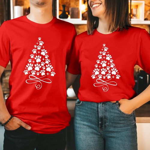 Dog Paw Print Christmas Tree T Shirt, Funny Pet Lover Puppy Graphic Tee, Minimalist Matching Couples Family Holiday Gift Present Xmas Top