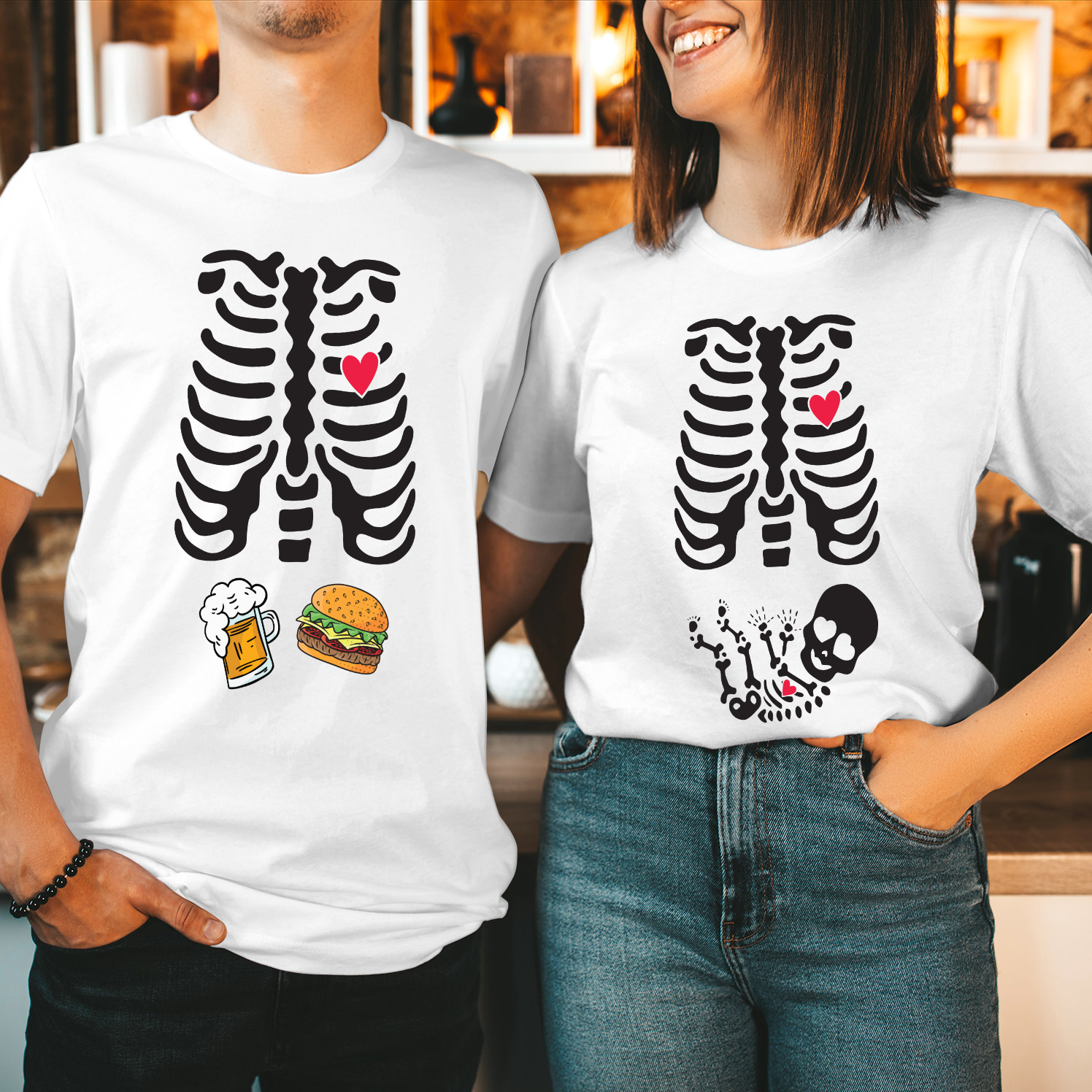 Beer and Burger Skeleton Ribcage Halloween Maternity T-Shirt Funny Couple Costume Pregnant Belly Skeleton Baby Mom Mum to Be Pregnancy Announcement Tee Parents T Shirt