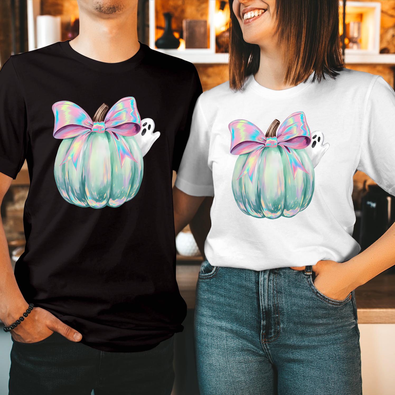 Cute Coquette Bow Pumpkin Spice Shirt for Ladies - Spooky Season Boo Ghost Witch Thanksgiving Top - Happy Halloween T-Shirt