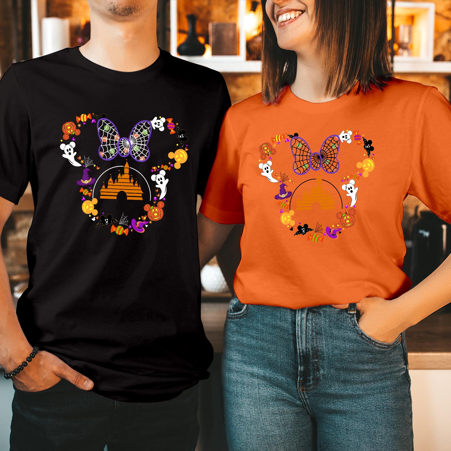 Disney Halloween Minnie Head T-Shirt Trick or Treat Spider Minnie Halloween Castle Magic Kingdom Disneyland Girls Boy Trip 2024 Family Matching Vacation T Shirt