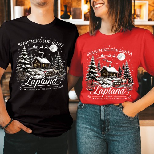 Personalised Lapland 2026 Family Christmas T-Shirt, Custom Log Cabin Santa Flying Sleigh Full Moon Reindeer Name Wooden Sign Holiday Trip Tops