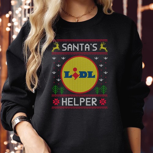 Santas Lidl Helper Christmas Sweatshirt, Funny Supermarket Brand Parody Jumper, Witty Matching Couples Family Holiday Gift Crewneck Sweater