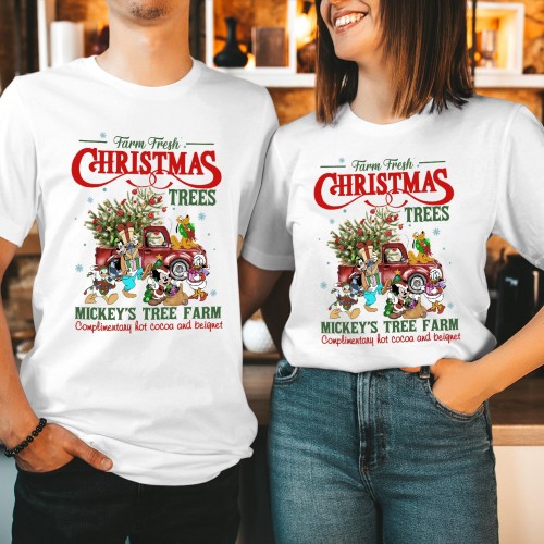 Disney Christmas T Shirt, Retro Mickey Mouse Tree Farm Graphic Tee, Vintage Winter Matching Couples Family Holiday Gift Present Xmas Top