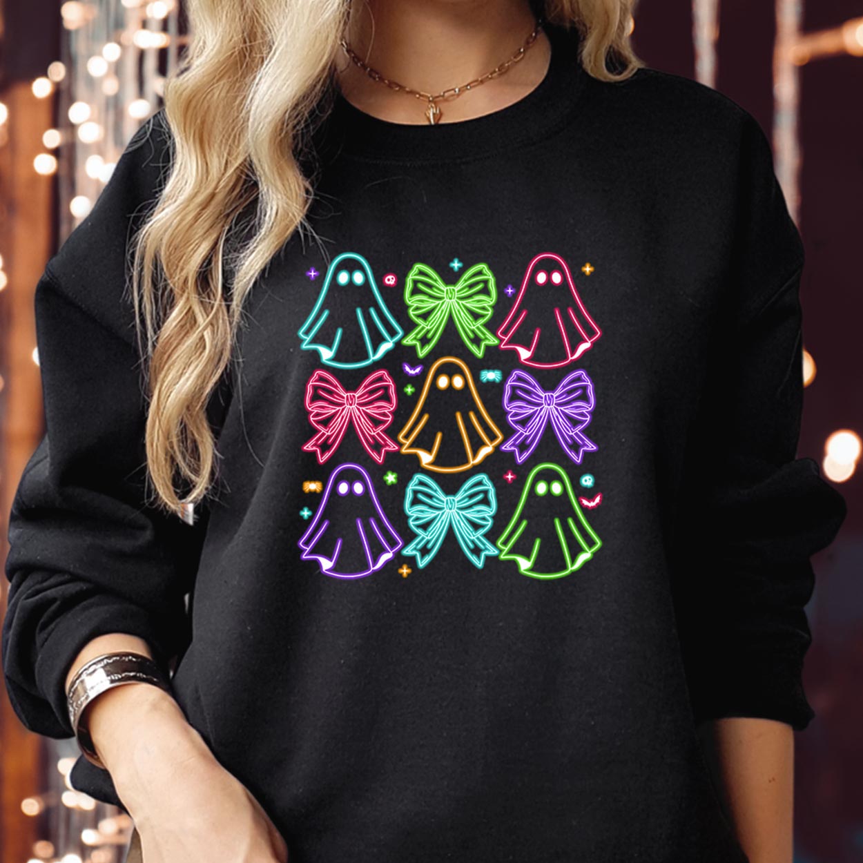 Neon Halloween Coquette Bow Ghost Vibes Jumper, Girly Spooky Season Boo Ghost Witch, Cosy Thanksgiving Happy Halloween Sweater for Women