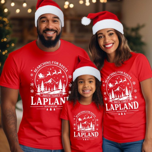 Personalised Lapland 2026 Family Matching Christmas T-Shirt, Searching For Santa Rovaniemi Mountain Group Holiday Men Women Kids Xmas Tees