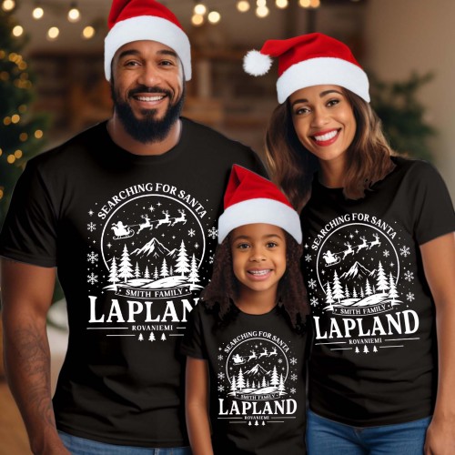 Personalised Lapland 2026 Family Matching Christmas T-Shirt, Searching For Santa Rovaniemi Mountain Group Holiday Men Women Kids Xmas Tees