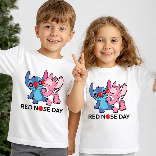 Disney Stitch Red Nose Day T-Shirt, Lilo & Stitch Character Charity Clothing, Official Comic Relief T Shirt & Tops, Kids & Childrens Red Nose Day Tee
