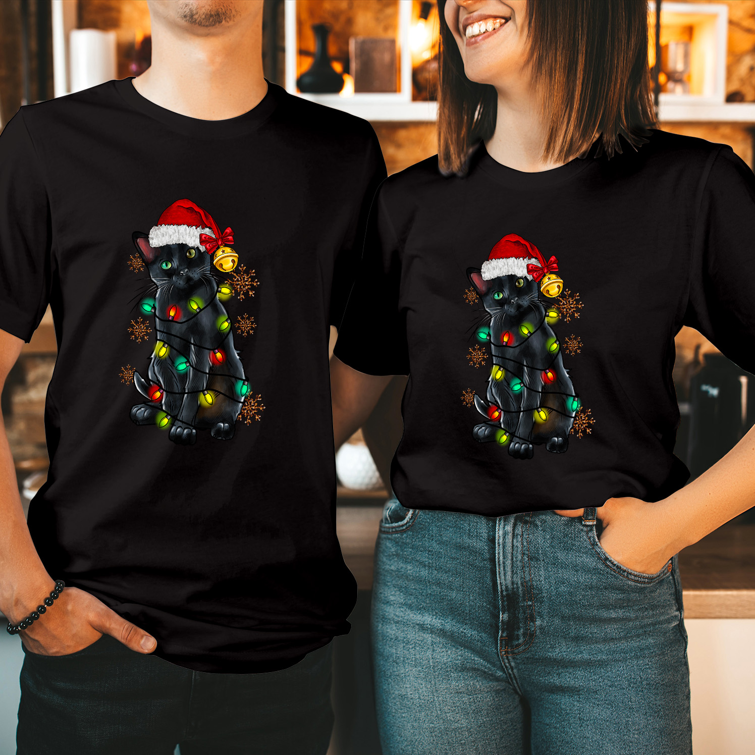 Santa Black Cat Tangled Up in Christmas Lights T-Shirt