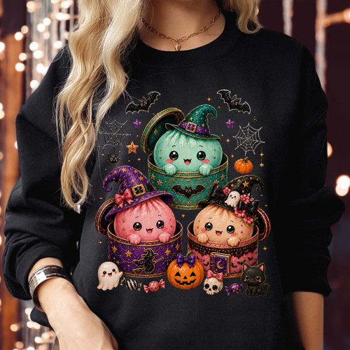 Dim Sum Dumpling Witch Hat Sweatshirt Jumper, Cute Kawaii Halloween Foodie Print, Steamer Basket Pumpkin Ghost Autumn Spooky Asian Cuisine Unisex Top
